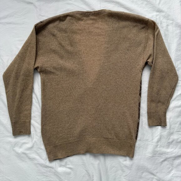 VINTAGE 70s Argyle Indie Grunge Grandpa Tan Brown Cardigan Sweater M/L - Picture 10 of 12